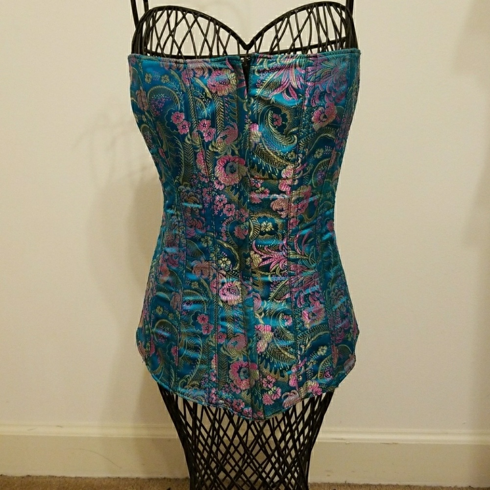 Stunning vintage teal & pink satin jacquard corset from Tesa